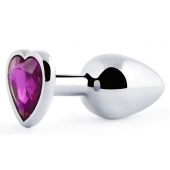 Серебристая анальная пробка с фиолетовым кристаллом-сердечком - 8 см. - Anal Jewelry Plug - купить с доставкой в Балаково