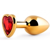 Золотистая анальная пробка с красным стразом-сердечком - 8 см. - Anal Jewelry Plug - купить с доставкой в Балаково