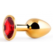 Золотистая анальная пробка с красным стразом - 7,2 см. - Anal Jewelry Plug - купить с доставкой в Балаково