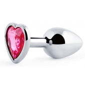 Серебристая анальная пробка с розовым кристаллом-сердечком - 7 см. - Anal Jewelry Plug - купить с доставкой в Балаково