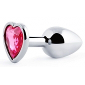 Серебристая анальная пробка с малиновым кристаллом-сердечком - 7 см. - Anal Jewelry Plug - купить с доставкой в Балаково