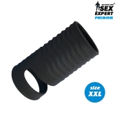 Черная открытая насадка на пенис с кольцом для мошонки XXL-size - 9,4 см. - Sex Expert - в Балаково купить с доставкой