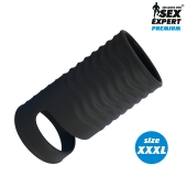 Черная открытая насадка на пенис с кольцом для мошонки XXXL-size - 9,9 см. - Sex Expert - в Балаково купить с доставкой