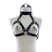 Черная портупея на грудь с кляпом и зажимами для сосков - Notabu - купить с доставкой в Балаково