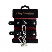 Черные наручники с красной подкладкой, строчками и скругленными ремешками - Crazy Handmade - купить с доставкой в Балаково