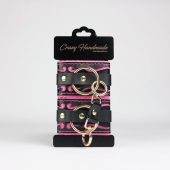 Черные кожаные наручники с розовой строчкой - Crazy Handmade - купить с доставкой в Балаково