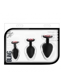 Набор черных анальных пробок с красным кристаллом-сердечком Bling Plugs Training Kit - Blush Novelties - купить с доставкой в Балаково