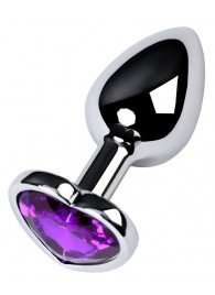 Серебристая коническая анальная пробка с фиолетовым кристаллом-сердечком - 7 см. - ToyFa - купить с доставкой в Балаково