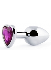 Серебристая анальная пробка с фиолетовым кристаллом-сердечком - 8 см. - Anal Jewelry Plug - купить с доставкой в Балаково
