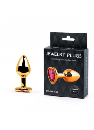 Золотистая анальная пробка с малиновым кристаллом-сердечком - 7 см. - Anal Jewelry Plug - купить с доставкой в Балаково