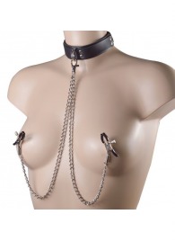 Черный ошейник с металлическими зажимами на соски и поводком - Sitabella - купить с доставкой в Балаково