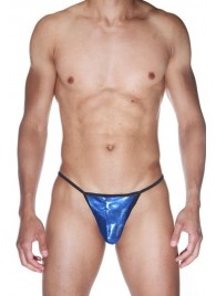 Синие блестящие трусы-стринги на тоненьких черных резинках - La Blinque купить с доставкой