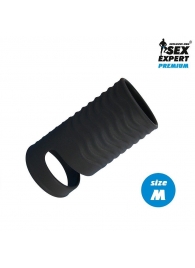 Черная открытая насадка на пенис с кольцом для мошонки size M - 7,9 см. - Sex Expert - в Балаково купить с доставкой