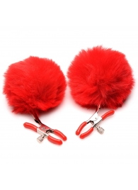 Красные зажимы на соски с помпонами Pom Pom - XR Brands - купить с доставкой в Балаково