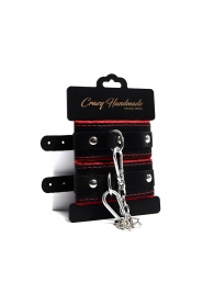 Черные наручники с красной подкладкой, строчками и скругленными ремешками - Crazy Handmade - купить с доставкой в Балаково