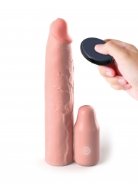 Телесная вибронасадка на член 3  Vibrating Mega X-tension with Remote - 22,9 см. - Pipedream - в Балаково купить с доставкой