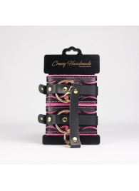 Черные кожаные оковы с розовой строчкой - Crazy Handmade - купить с доставкой в Балаково