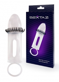 Закрытая насадка на пенис с подхватом мошонки и стимулирующими «ресничками» - Sextaz - в Балаково купить с доставкой