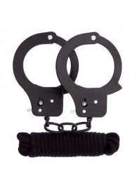 Чёрные наручники из листового металла в комплекте с веревкой BONDX METAL CUFFS LOVE ROPE SET - Dream Toys - купить с доставкой в Балаково