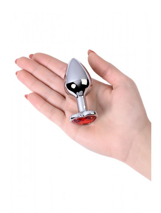 Серебристая коническая анальная пробка с красным кристаллом-сердечком - 7 см. - ToyFa - купить с доставкой в Балаково