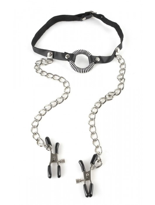 Кляп, соединенный цепочкой с клипсами для сосков - Pipedream - купить с доставкой в Балаково