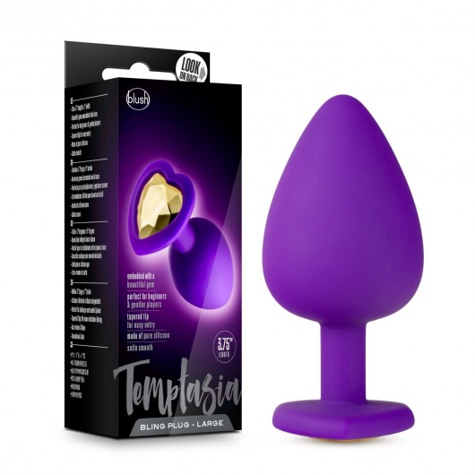 Фиолетовая анальная пробка Bling Plug Large с золотистым стразом - 9,5 см. - Blush Novelties - купить с доставкой в Балаково