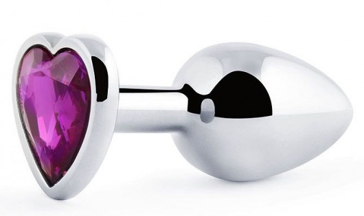 Серебристая анальная пробка с фиолетовым кристаллом-сердечком - 8 см. - Anal Jewelry Plug - купить с доставкой в Балаково