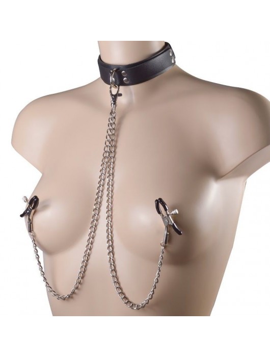 Черный ошейник с металлическими зажимами на соски и поводком - Sitabella - купить с доставкой в Балаково