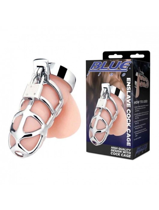 Серебристая металлическая клетка для члена с замком Enslave Cock Cage - BlueLine - купить с доставкой в Балаково