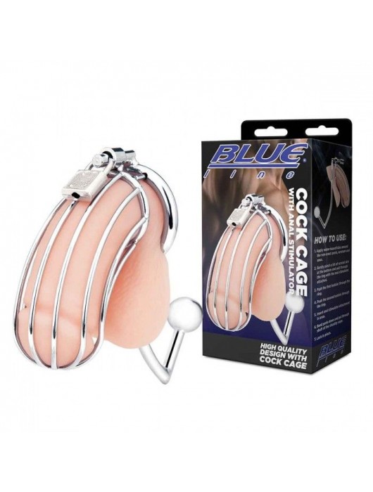 Серебристая металлическая клетка с анальным стимулятором Cock Cage - BlueLine - купить с доставкой в Балаково
