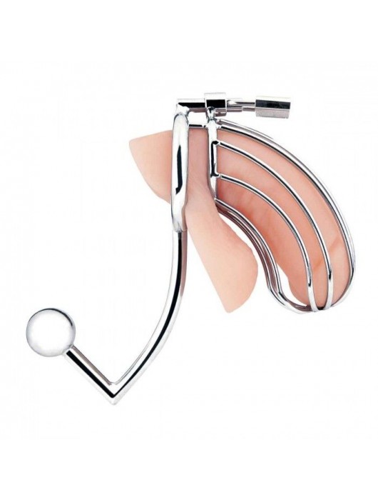 Серебристая металлическая клетка с анальным стимулятором Cock Cage - BlueLine - купить с доставкой в Балаково