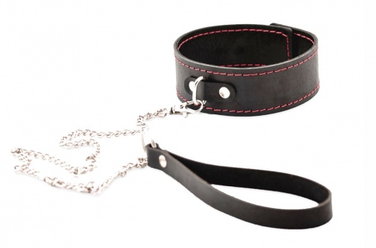 Черный широкий ошейник с красной строчкой и поводком - Crazy Handmade - купить с доставкой в Балаково