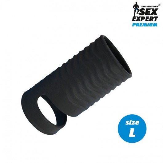 Черная открытая насадка на пенис с кольцом для мошонки L-size - 8,5 см. - Sex Expert - в Балаково купить с доставкой