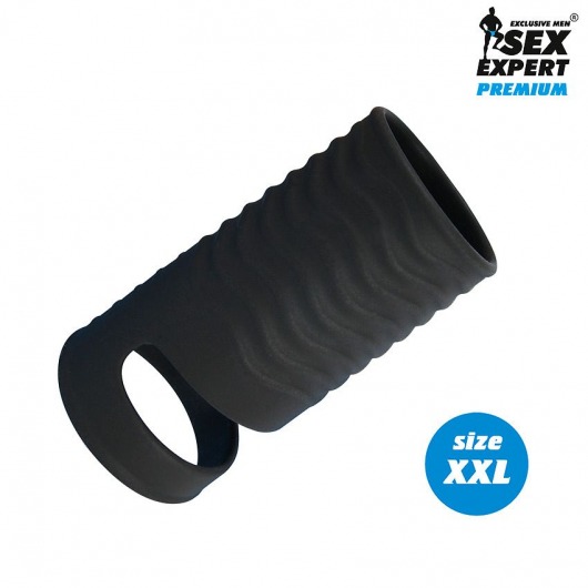 Черная открытая насадка на пенис с кольцом для мошонки XXL-size - 9,4 см. - Sex Expert - в Балаково купить с доставкой