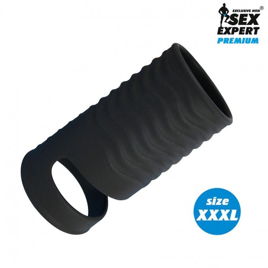 Черная открытая насадка на пенис с кольцом для мошонки XXXL-size - 9,9 см. - Sex Expert - в Балаково купить с доставкой