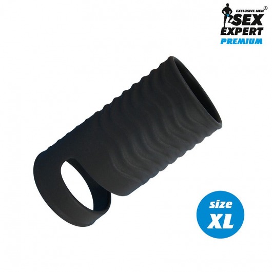 Черная открытая насадка на пенис с кольцом для мошонки XL-size - 8,9 см. - Sex Expert - в Балаково купить с доставкой