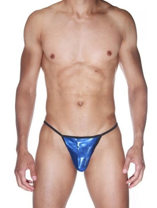 Синие блестящие трусы-стринги на тоненьких черных резинках - La Blinque купить с доставкой