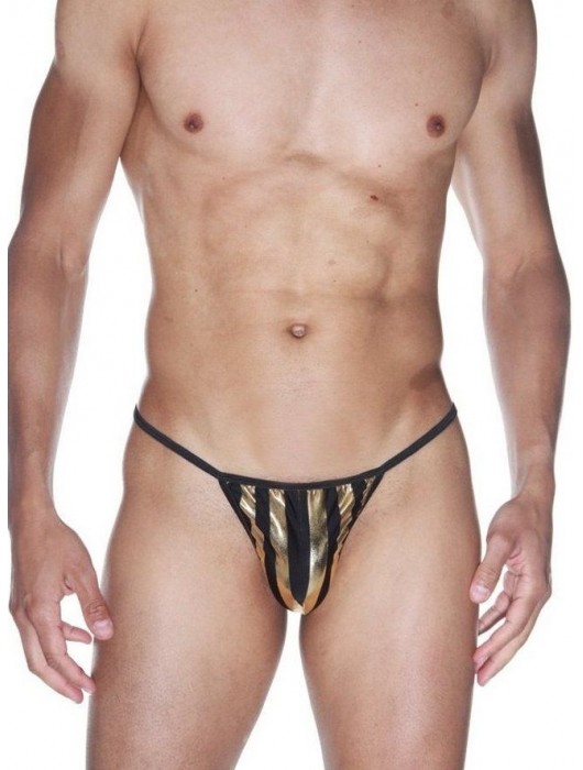 Мужские трусы-стринги из черной ткани в широкую золотую полоску - La Blinque купить с доставкой