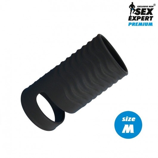 Черная открытая насадка на пенис с кольцом для мошонки size M - 7,9 см. - Sex Expert - в Балаково купить с доставкой