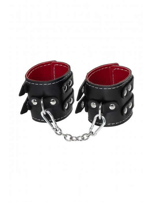 Черные кожаные наручники с двумя ремнями и красной подкладкой - Pecado - купить с доставкой в Балаково