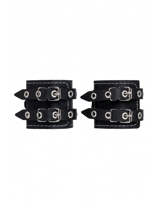 Черные кожаные наручники с двумя ремнями и красной подкладкой - Pecado - купить с доставкой в Балаково