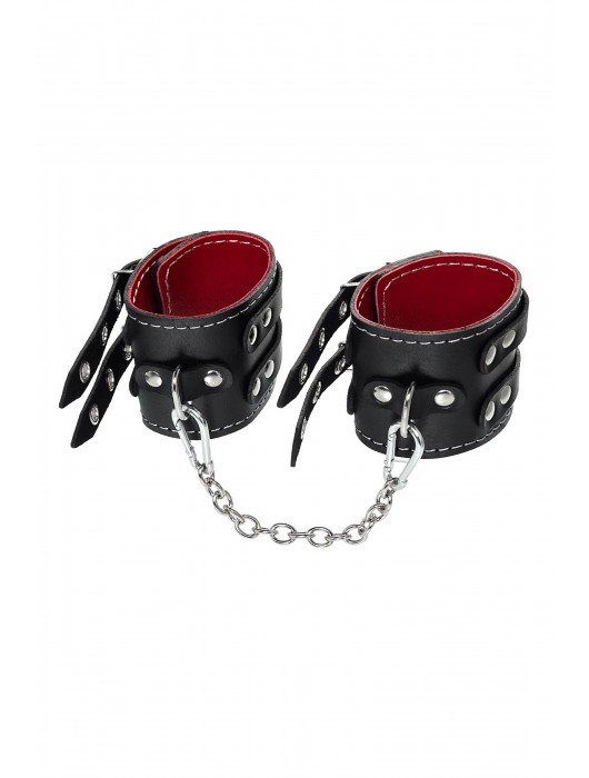 Черные кожаные оковы с двумя ремнями и красной подкладкой - Pecado - купить с доставкой в Балаково