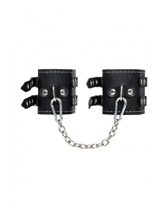 Черные кожаные оковы с двумя ремнями и красной подкладкой - Pecado - купить с доставкой в Балаково