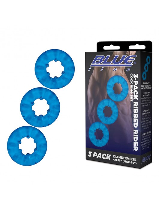 Комплект из трех голубых эрекционных колец 3-Pack Ribbed Rider Cock Ring Set - BlueLine - в Балаково купить с доставкой