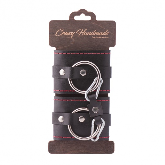 Черные однослойные кожаные наручники с контрастной строчкой - Crazy Handmade - купить с доставкой в Балаково