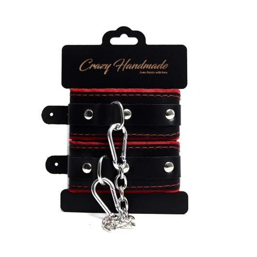 Черные наручники с красной подкладкой, строчками и скругленными ремешками - Crazy Handmade - купить с доставкой в Балаково