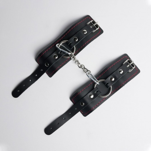 Черные кожаные наручники с красной строчкой - Crazy Handmade - купить с доставкой в Балаково