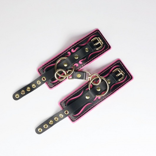 Черные кожаные наручники с розовой строчкой - Crazy Handmade - купить с доставкой в Балаково
