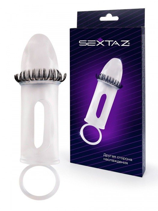 Закрытая насадка на пенис с подхватом мошонки и стимулирующими «ресничками» - Sextaz - в Балаково купить с доставкой