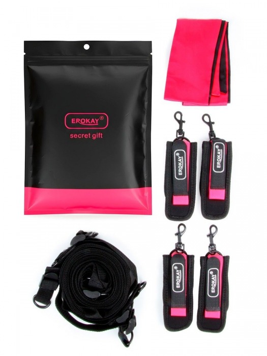 Черно-розовый эротический набор: фиксатор, оковы, наручники, повязка - Erokay - купить с доставкой в Балаково